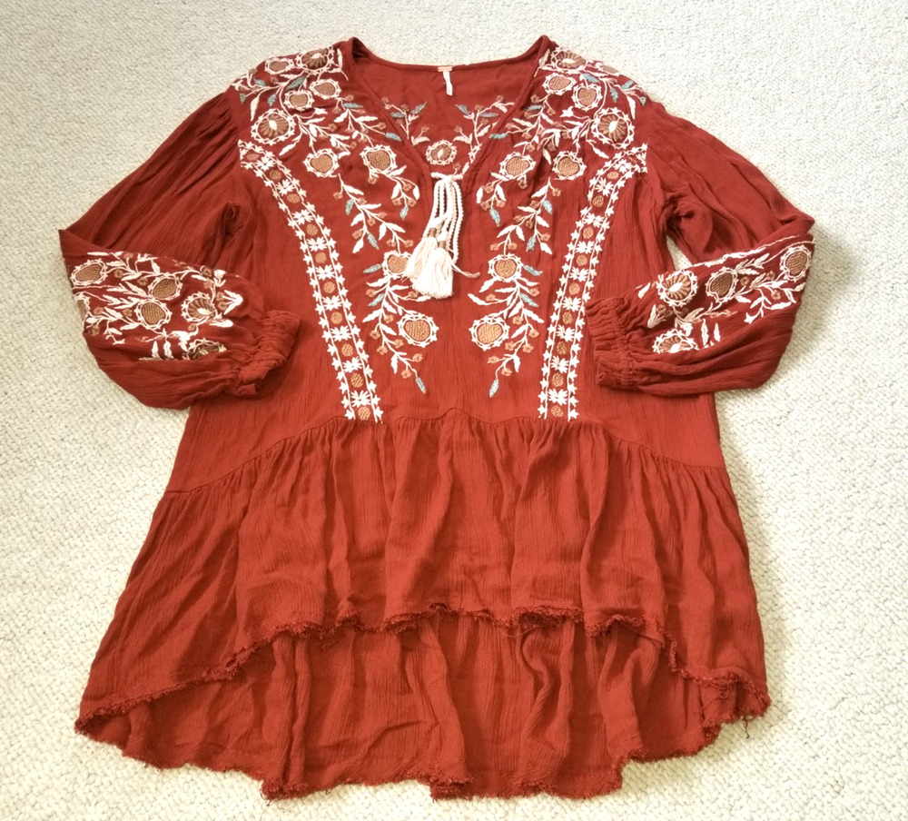 Womens Top-FREE PEOPLE-'Rust' rayon 'Wild Dreams Embroidered Tunic' boho-S